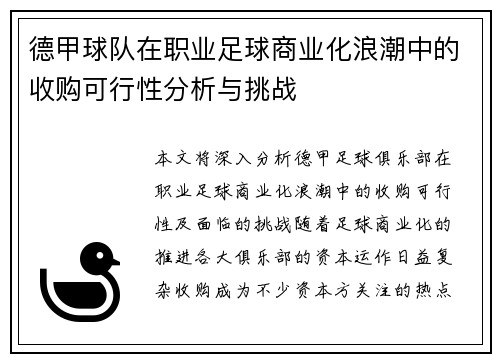 德甲球队在职业足球商业化浪潮中的收购可行性分析与挑战
