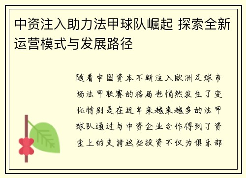 中资注入助力法甲球队崛起 探索全新运营模式与发展路径
