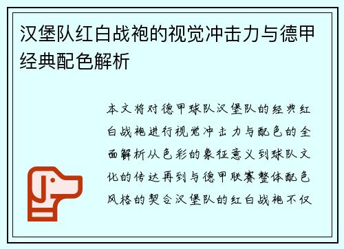 汉堡队红白战袍的视觉冲击力与德甲经典配色解析